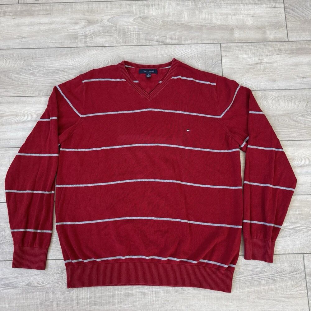 TOMMY HILFIGER Red/Grey Striped 100% Cotton Men's Pullover Sweater XXL/TTG